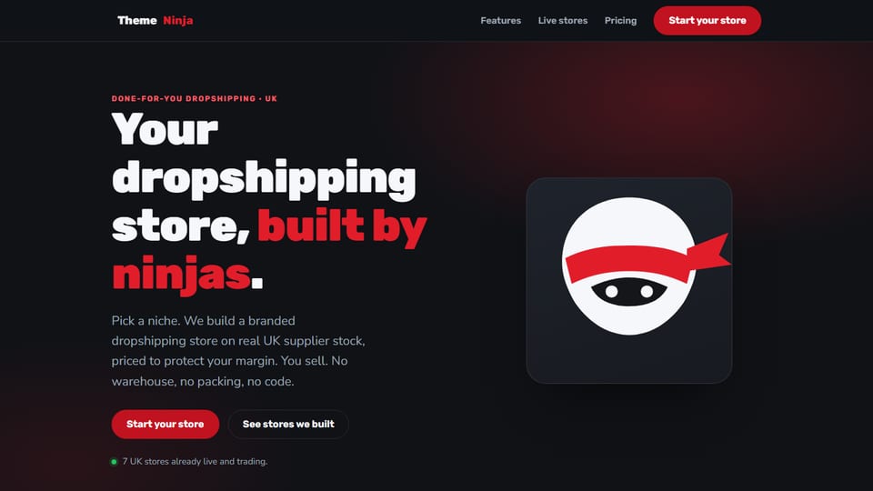 The ThemeNinja home page, headed Your dropshipping store, built by ninjas.